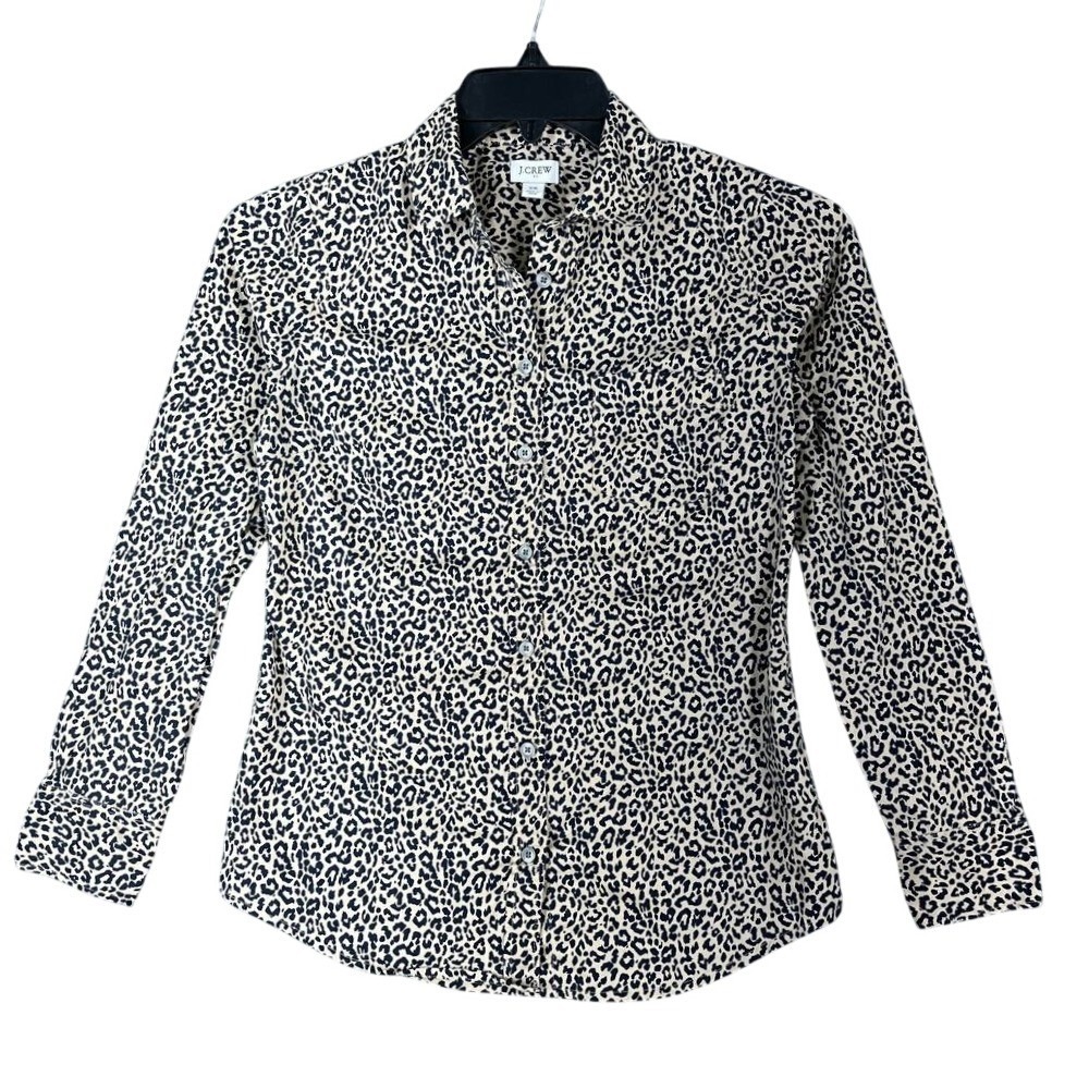 J Crew Shirt Womens XS Cotton Leopard Print Blouse Long‎ Sleeve Business Formal